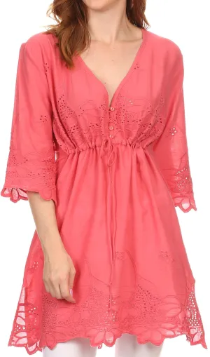 Sakkas Raestelle Long Tall Embroidered Button Up Adjustable Tunic Blouse Top