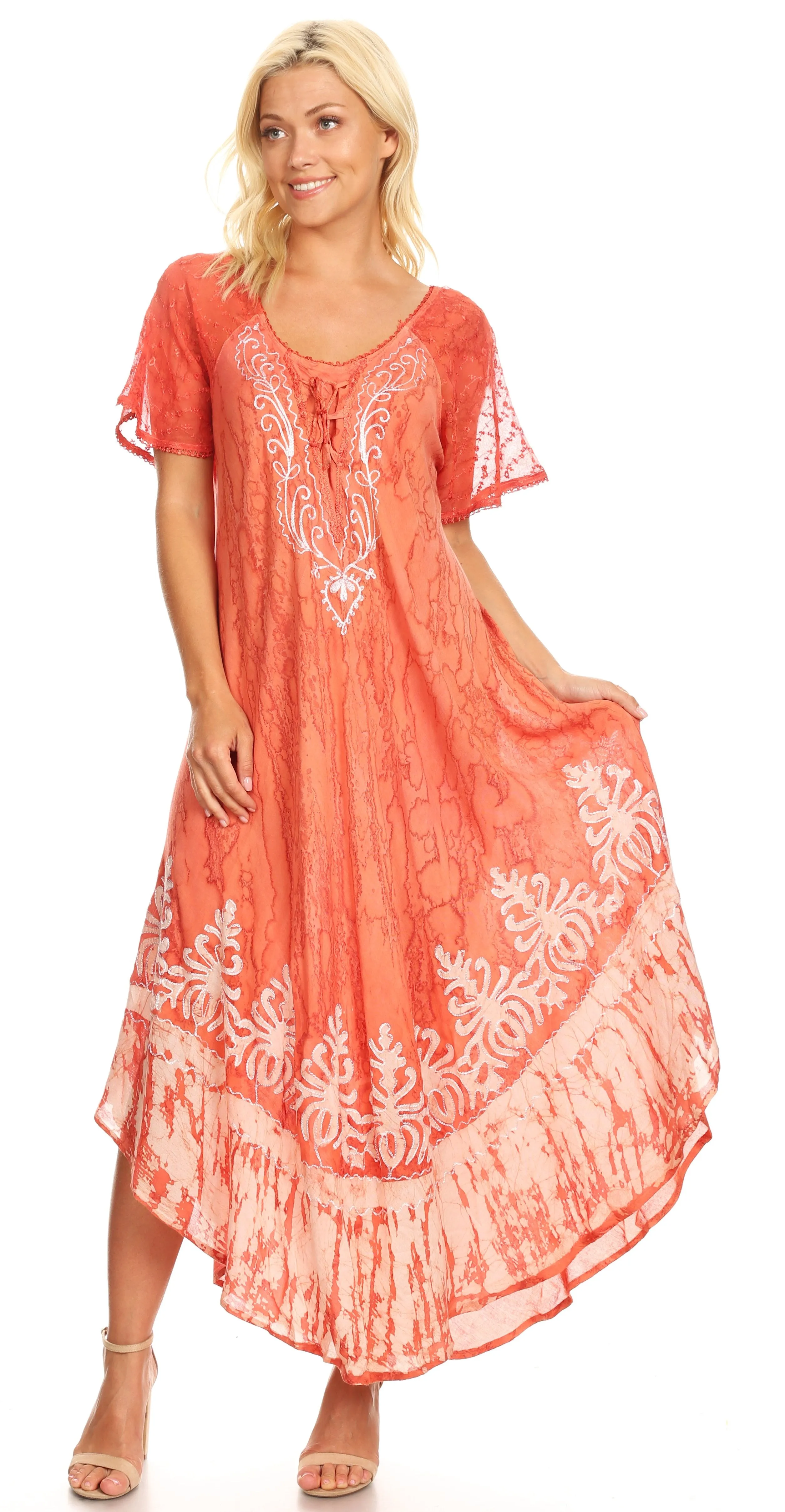 Sakkas Ronny Lace Embroidered Cap Sleeve Tie Dye Wash Caftan Dress / Cover Up