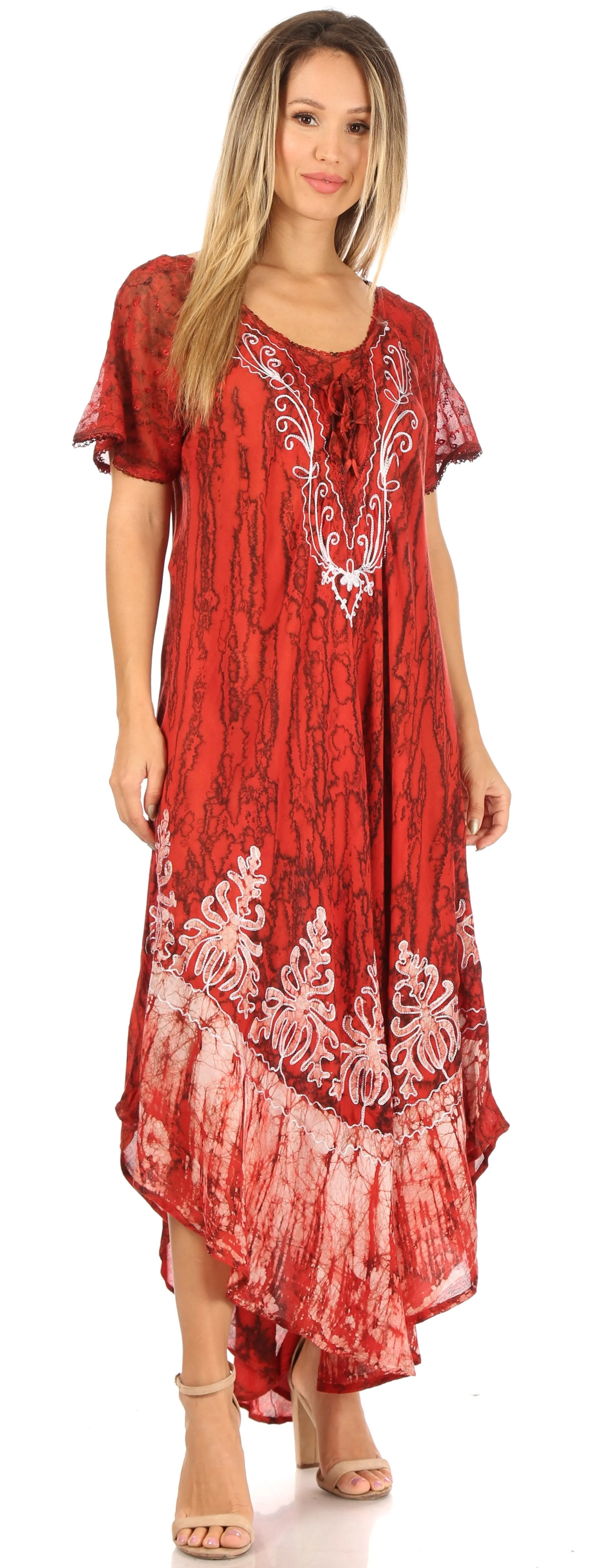 Sakkas Ronny Lace Embroidered Cap Sleeve Tie Dye Wash Caftan Dress / Cover Up