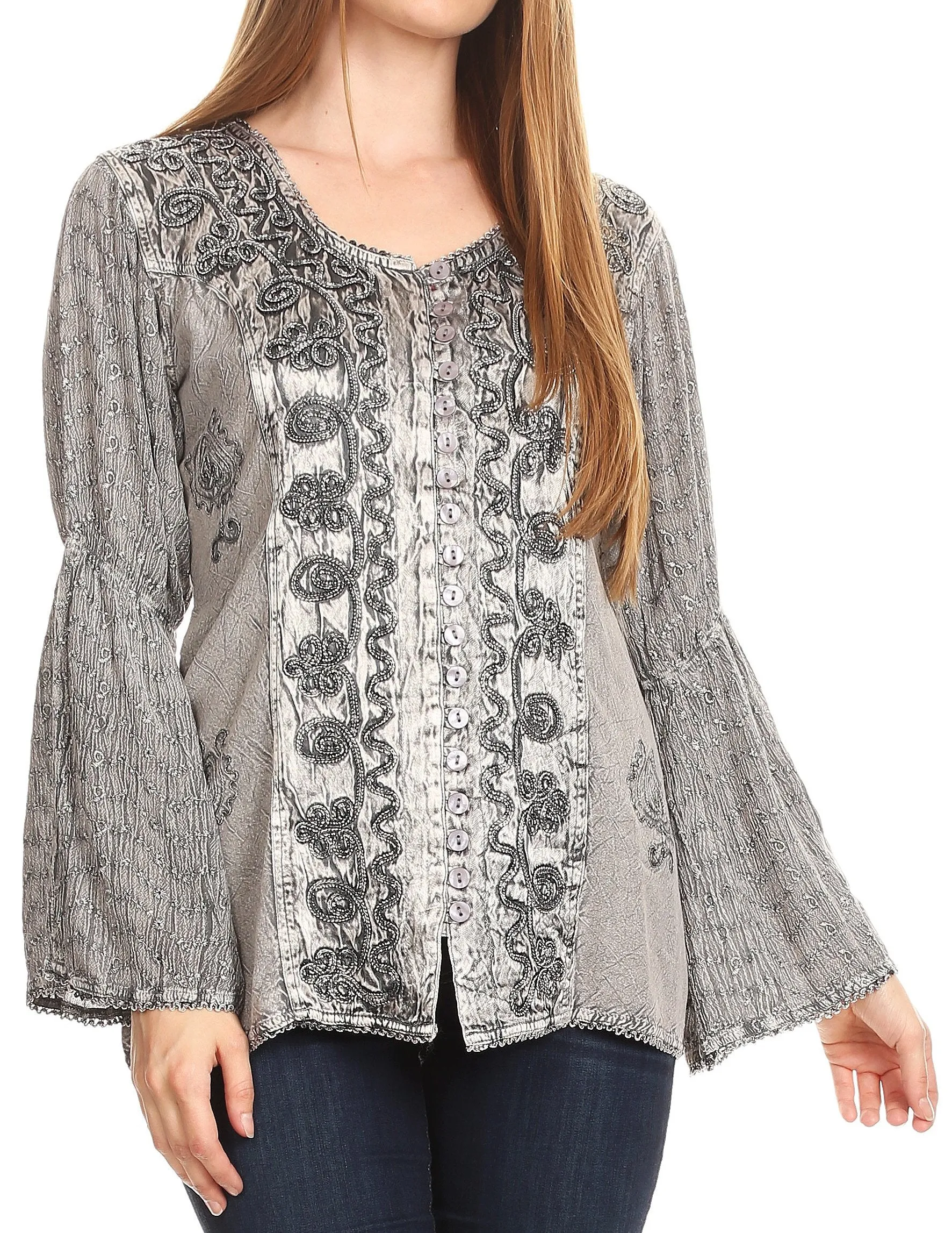 Sakkas Soraya Embroidered Eyelet Button Down Blouse Top with Long Sleeves and Ties