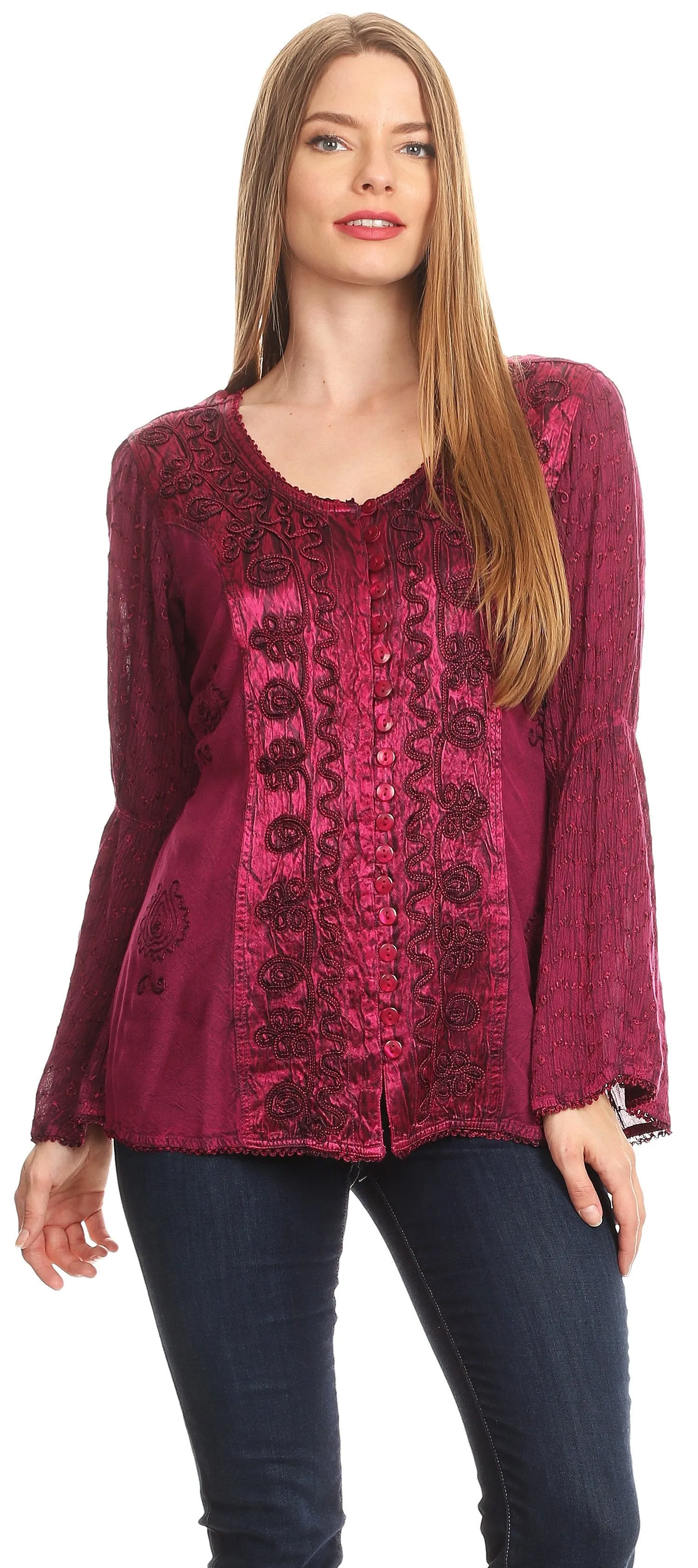 Sakkas Soraya Embroidered Eyelet Button Down Blouse Top with Long Sleeves and Ties