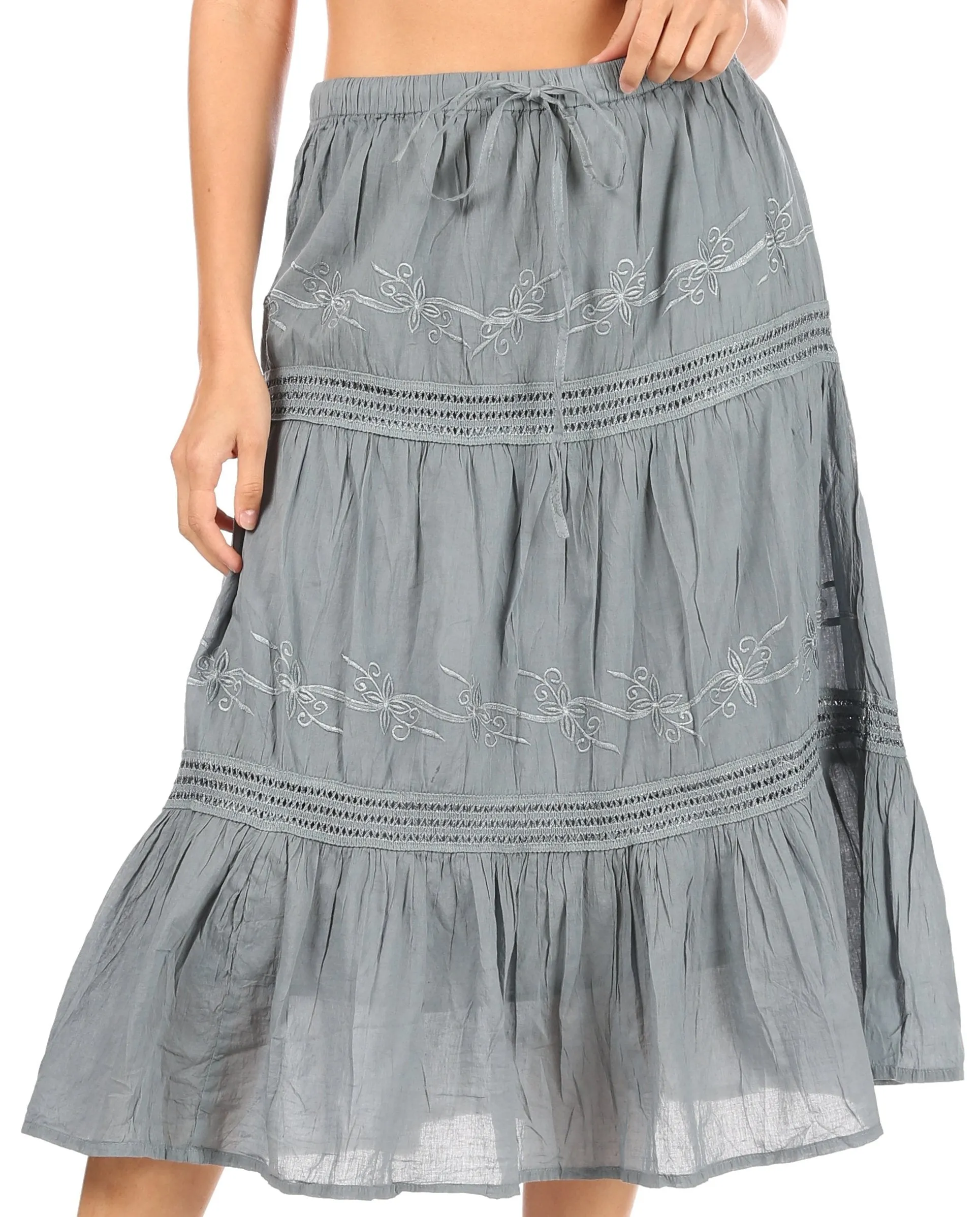 Sakkas Tahira Cascading Broomstick Midi Skirt with Crochet lace and Elastic Waist