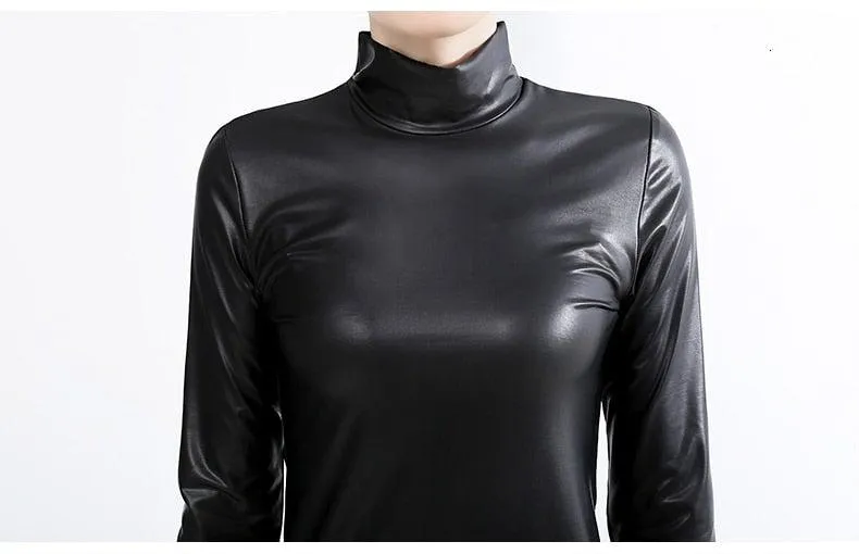 Sleek Womens Long Sleeve Leather T Shirt