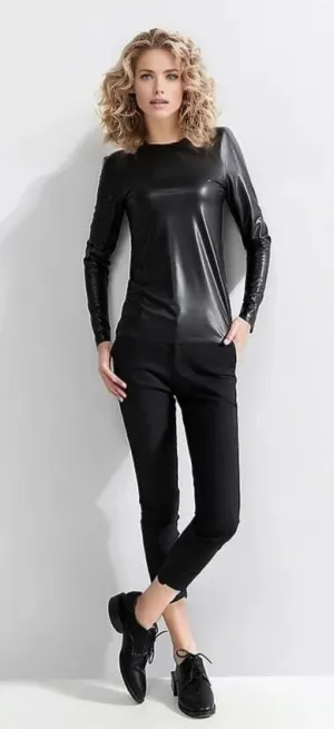 Sleek Womens Long Sleeve Leather T Shirt