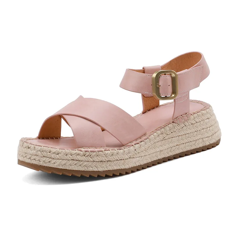 Slingback Espadrille-Wedge Leather Sandals in Beige/Brown/Pink