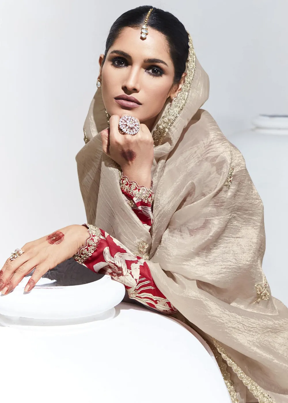 Stunning Beige Organza Embroidered Party Wear Saree