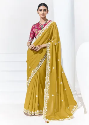 Stunning Mustard Organza Embroidered Party Wear Saree