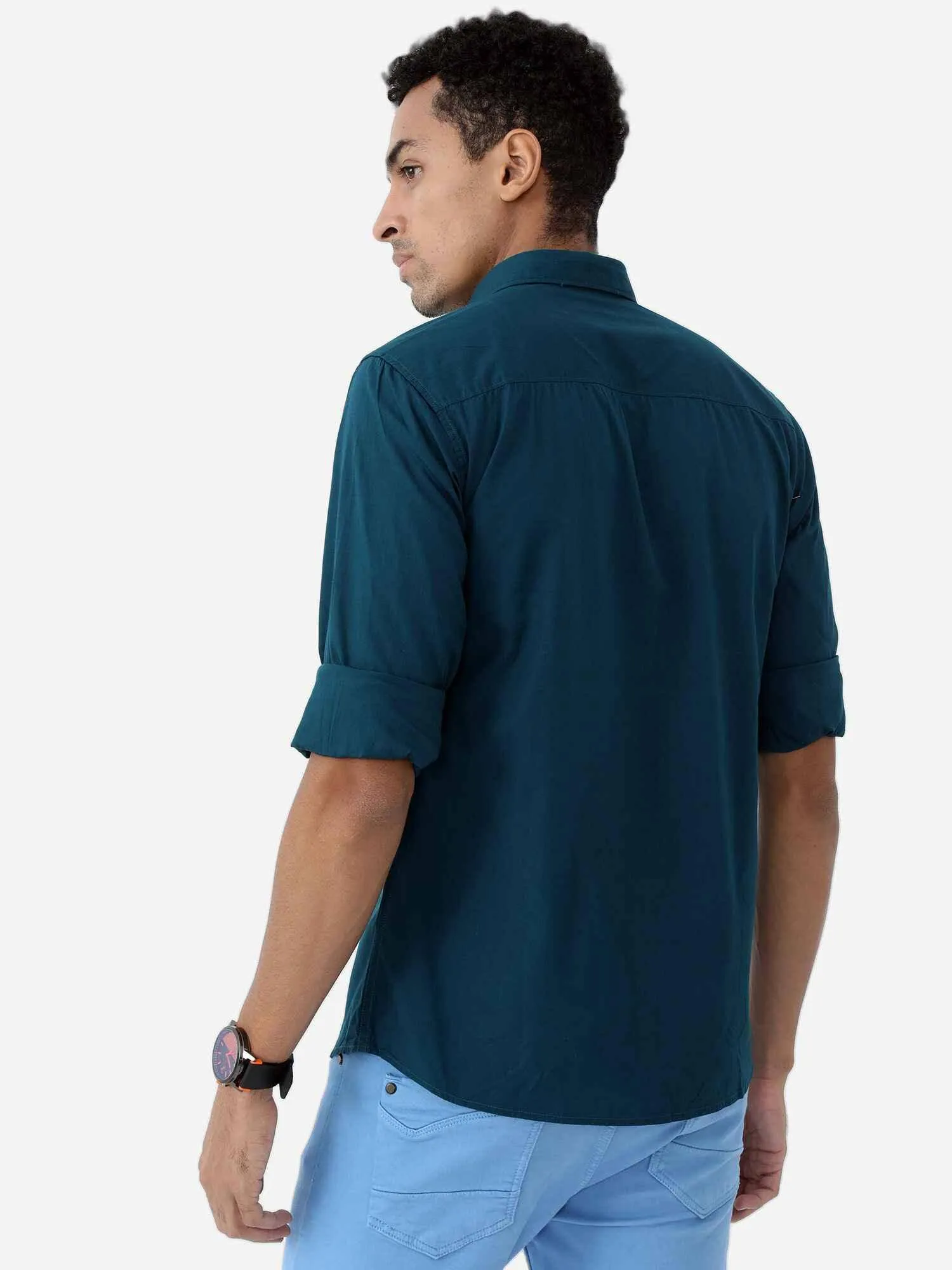 Teal Blue Solid Cotton Shirt Full Sleeve Shirt