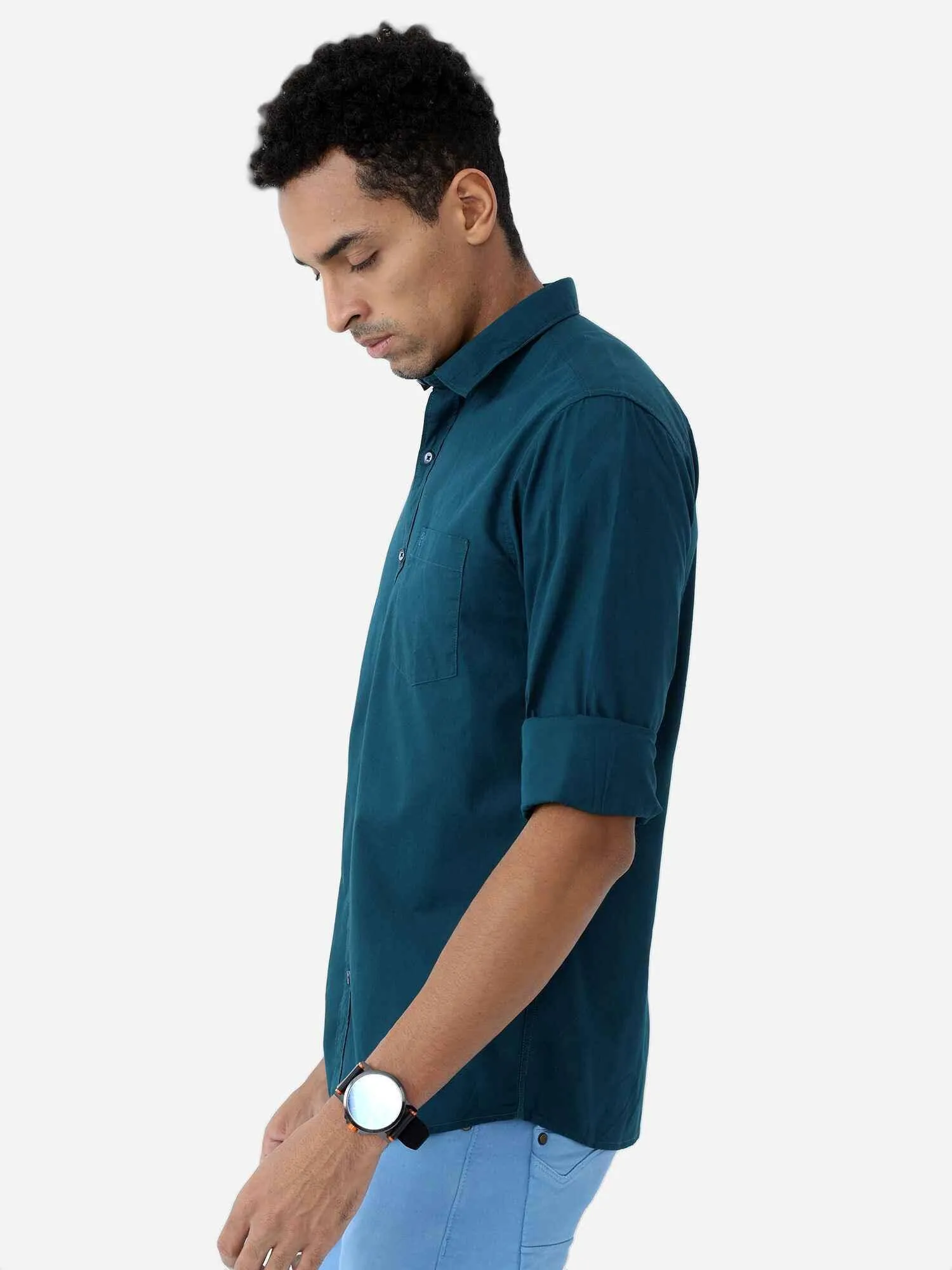 Teal Blue Solid Cotton Shirt Full Sleeve Shirt