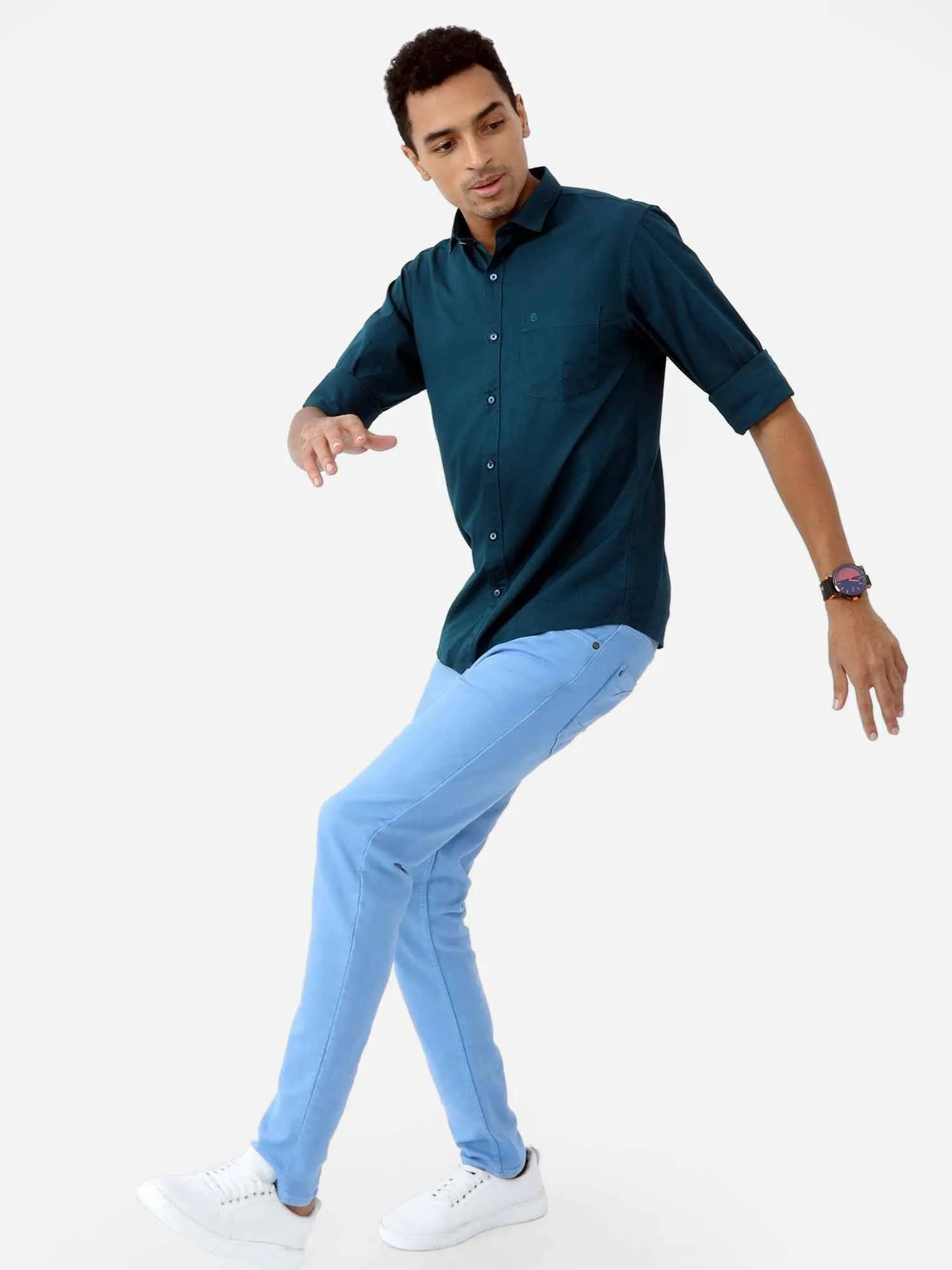 Teal Blue Solid Cotton Shirt Full Sleeve Shirt