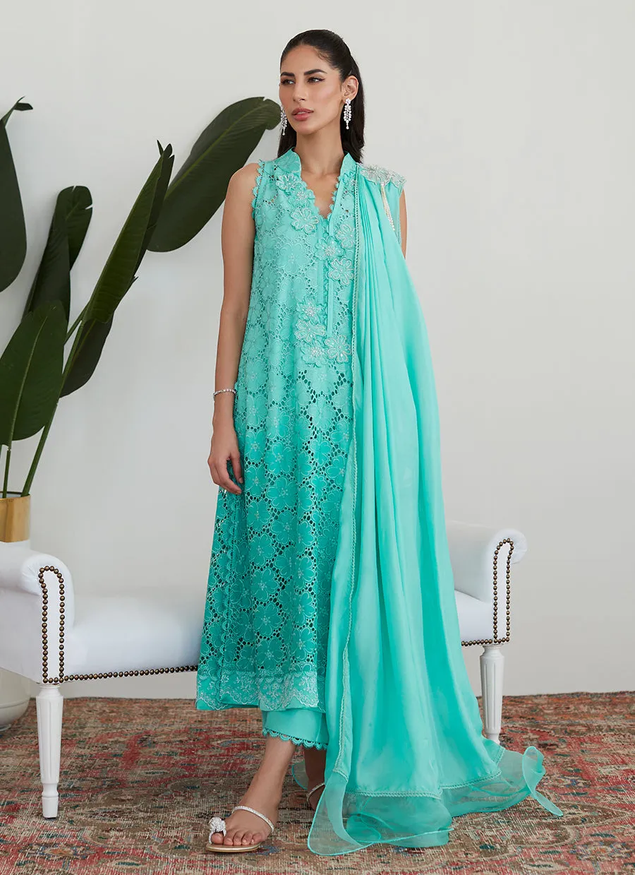 Tiffany Aqua Silk Cutwork with Pre Draped Dupatta