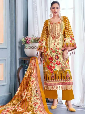 Unstitched Pakistani Print Cotton Suit Fabric with Embroidery Beige