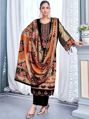 Unstitched Pakistani Print Cotton Suit Fabric with Embroidery Black