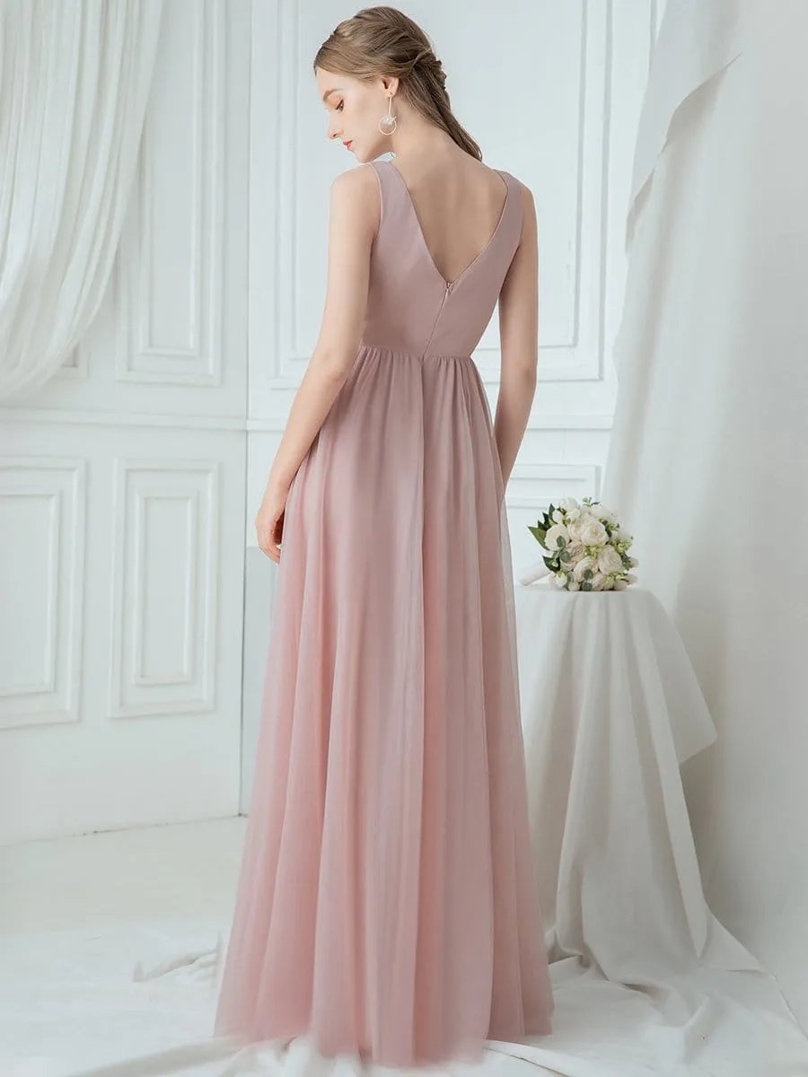 V-Neck Maxi Long Embroidery Appliqued Tulle Bridesmaid Dress