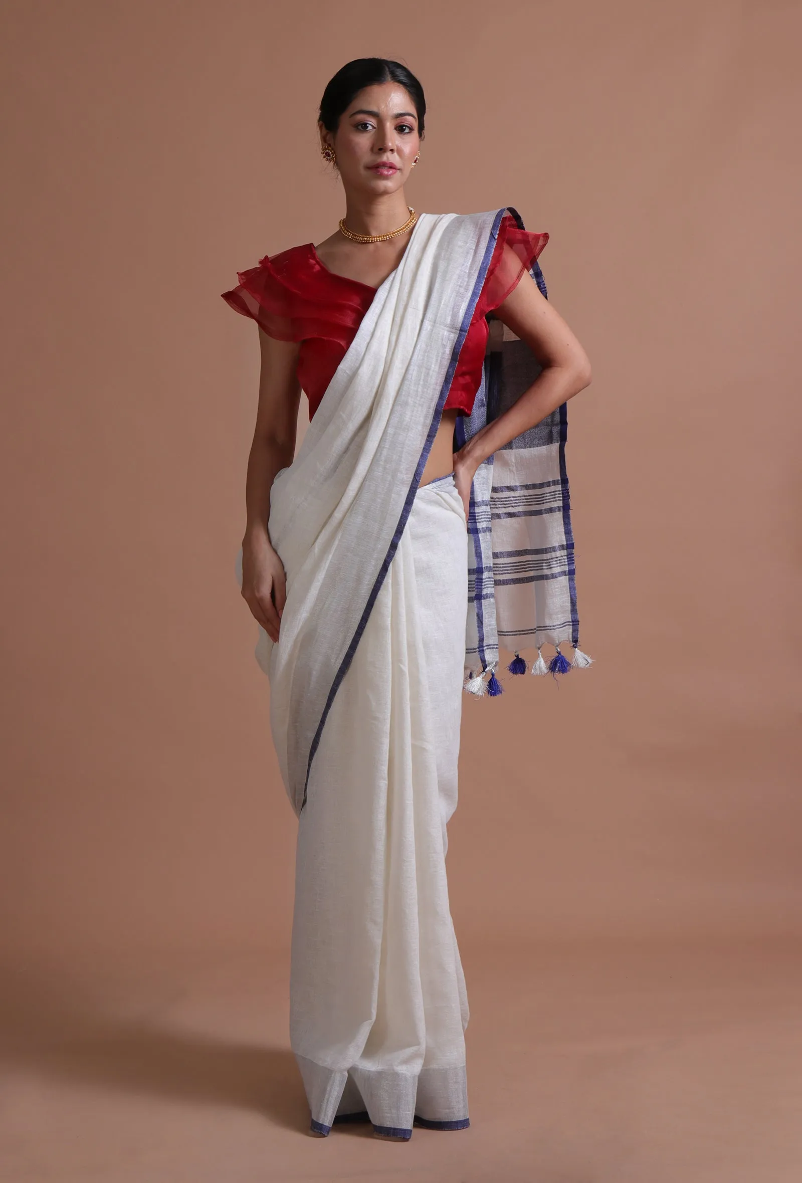 White & Blue Color Cotton Linen Saree With Unstitched Blouse