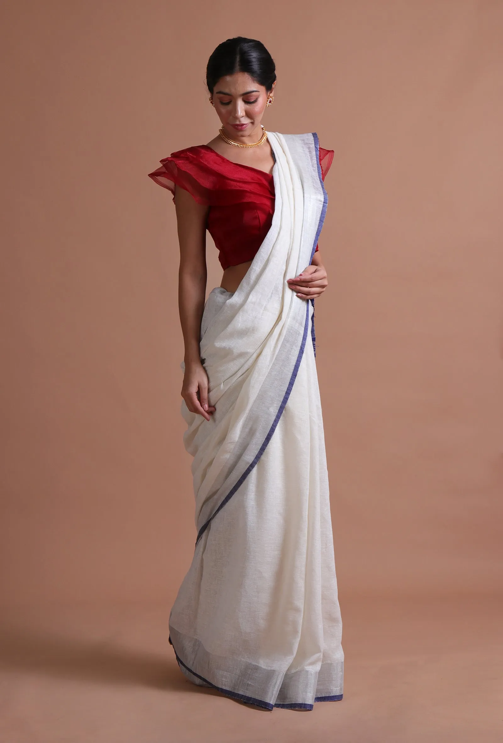 White & Blue Color Cotton Linen Saree With Unstitched Blouse