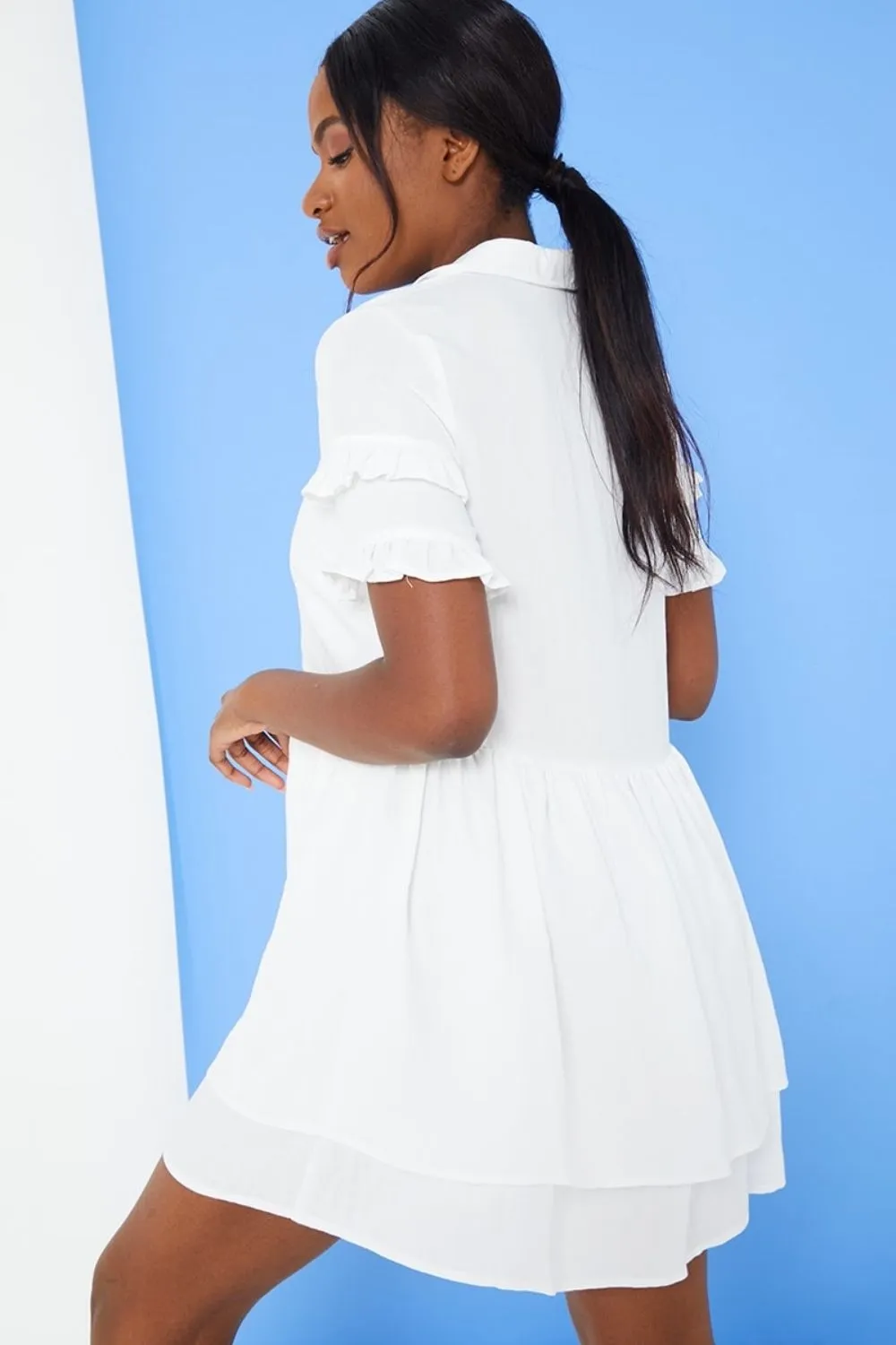 White Frill Double Layer Shirt Dress