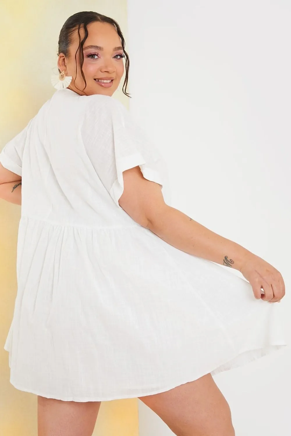 White Linen Look Smock Dress