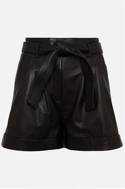 Women's High-Waisted Black Leather Belted Shorts