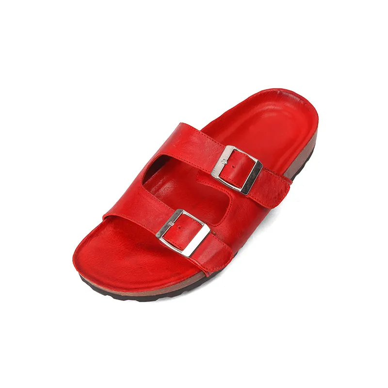 Women's Leather Double-strap Slippers Footbed Sandals for Summer in Red/Black/Apricot