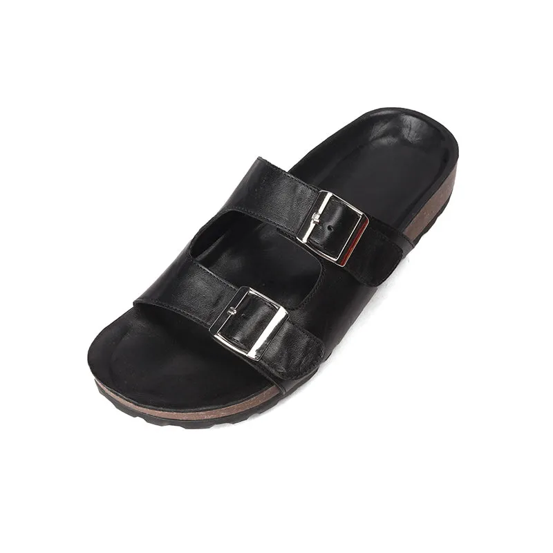 Women's Leather Double-strap Slippers Footbed Sandals for Summer in Red/Black/Apricot