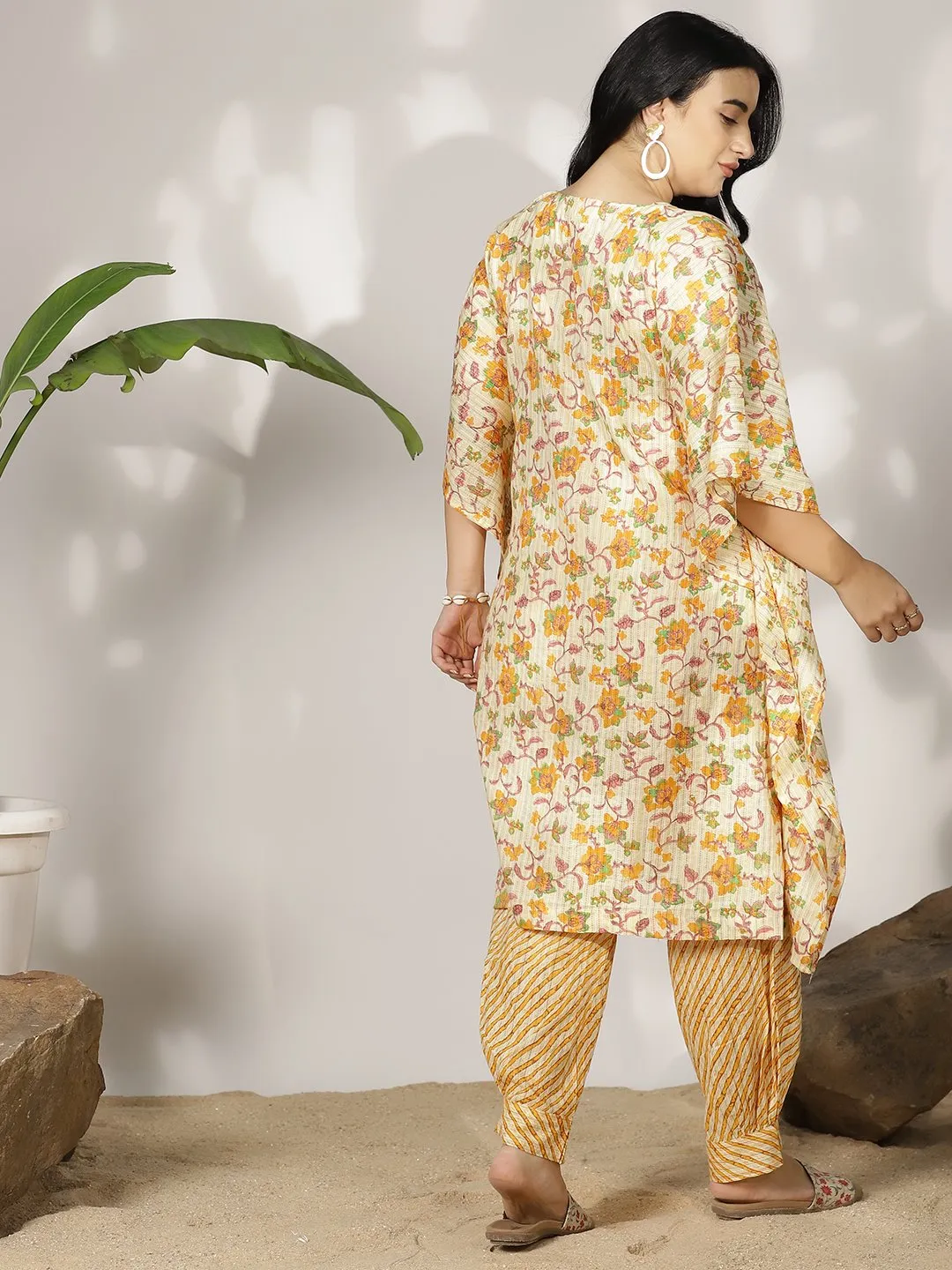 YellowFloral Cotton LongKaftan & Striped AfghaniSalwar